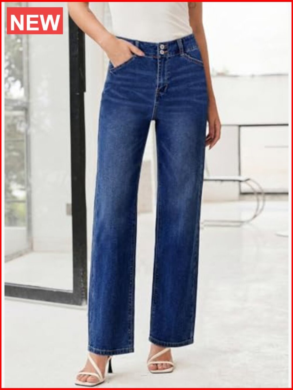 High Waisted Wide Leg Jeans Tummy Control Straight Leg Stretchy Denim Pants - Picture 4 of 7